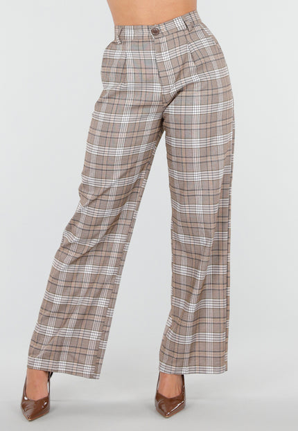 SALE30 Beige Geruite Pantalon Straight Leg