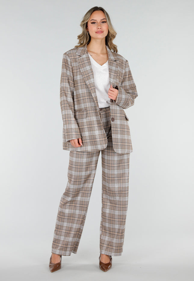 SALE30 Beige Geruite Pantalon Straight Leg