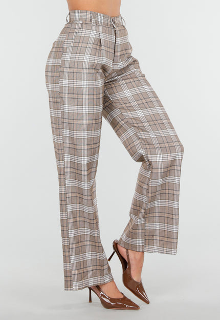 SALE30 Beige Geruite Pantalon Straight Leg