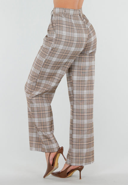 SALE30 Beige Geruite Pantalon Straight Leg
