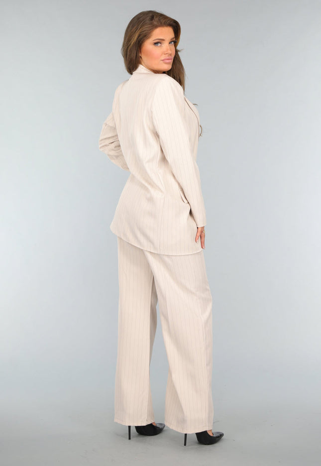 SALE30 Beige Halflange Blazer met Streepjes Patroon