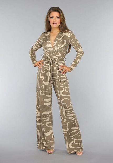 SALE30 Beige Jumpsuit met Grafisch Patroon