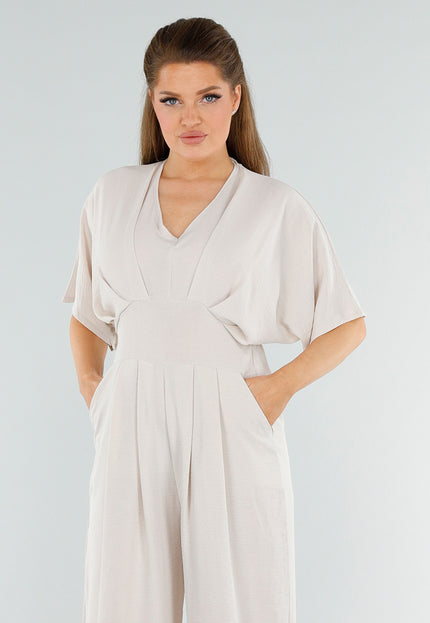 SALE30 Beige Jumpsuit met Wijde Pijpen en Zakken