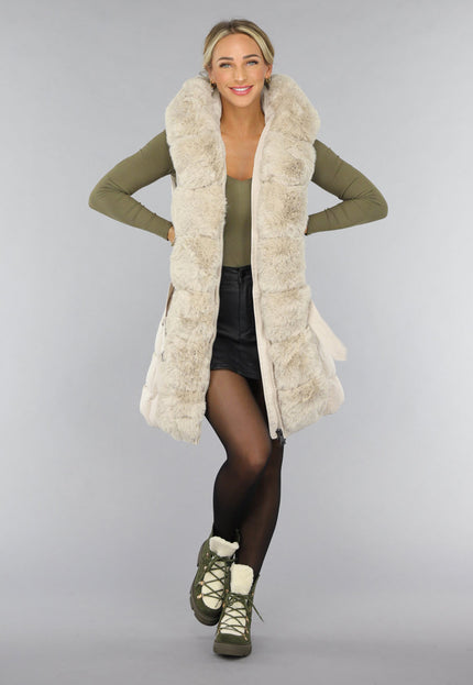 SALE30 Beige Lange Bodywarmer met Capuchon