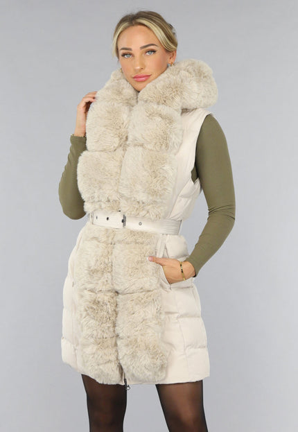 SALE30 Beige Lange Bodywarmer met Capuchon