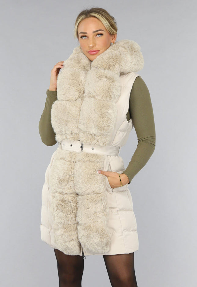 SALE30 Beige Lange Bodywarmer met Capuchon
