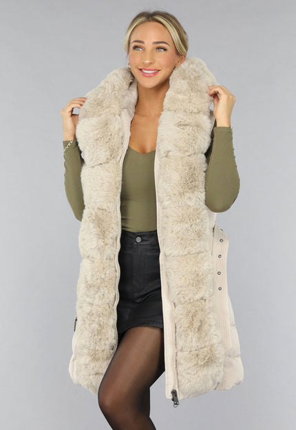 SALE30 Beige Lange Bodywarmer met Capuchon