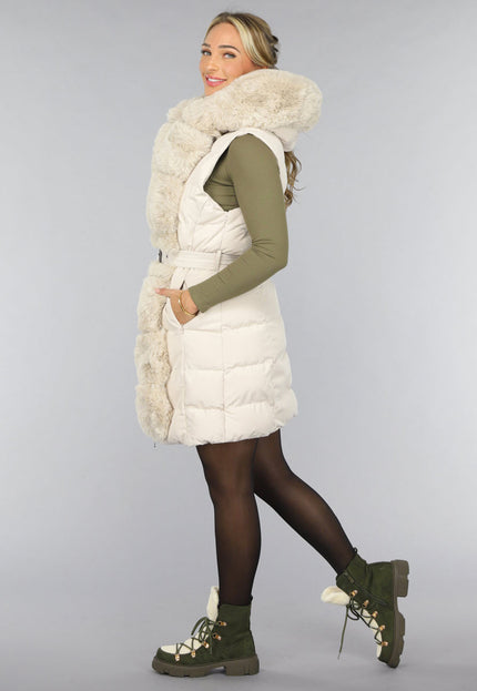 SALE30 Beige Lange Bodywarmer met Capuchon