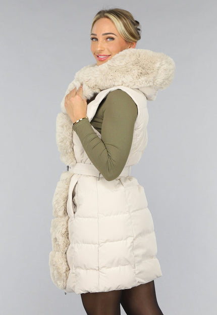SALE30 Beige Lange Bodywarmer met Capuchon