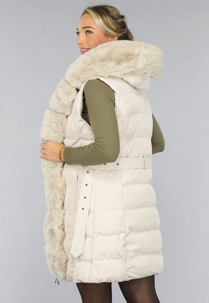 SALE30 Beige Lange Bodywarmer met Capuchon