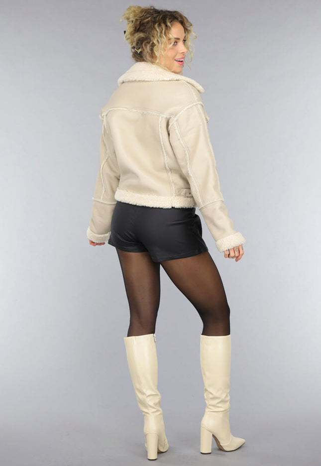 SALE30 Beige Lederlook Jas met Teddy Voering