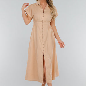 SALE30 Beige Linnenlook Knoopjurk met Elastische Taille