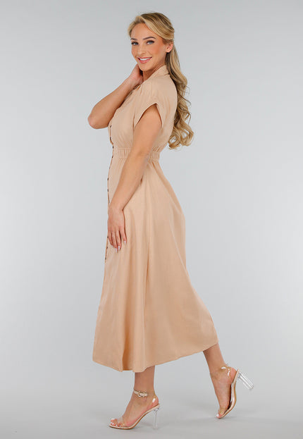 SALE30 Beige Linnenlook Knoopjurk met Elastische Taille