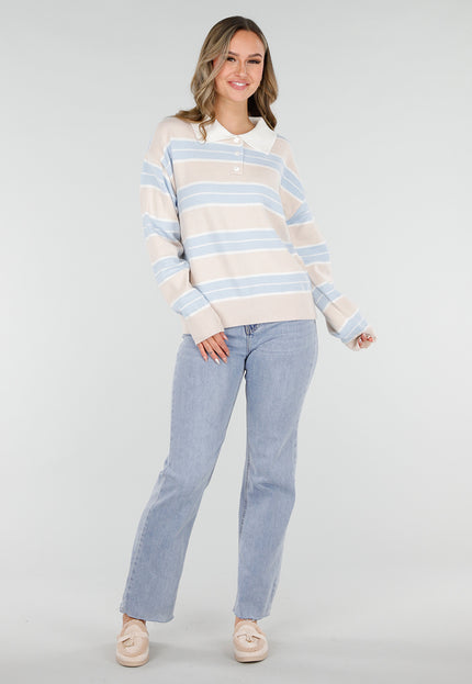 SALE30 Beige met Blauw Gestreepte Trui