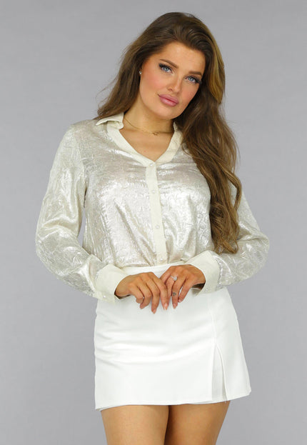 SALE30 Beige Metallic Blouse met Parel Knopen