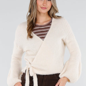 SALE30 Beige Overslag Vest met Strikdetail