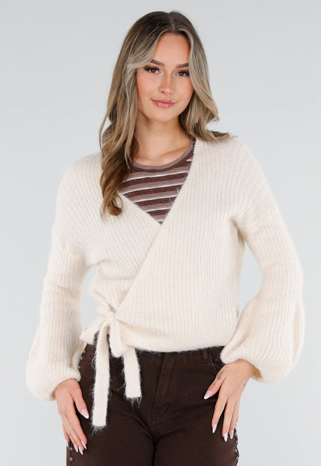 SALE30 Beige Overslag Vest met Strikdetail