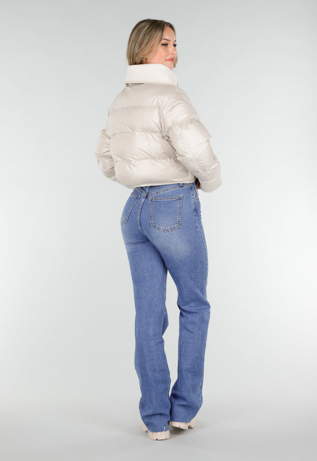 SALE30 Beige Puffer Jas met Teddy Kraag