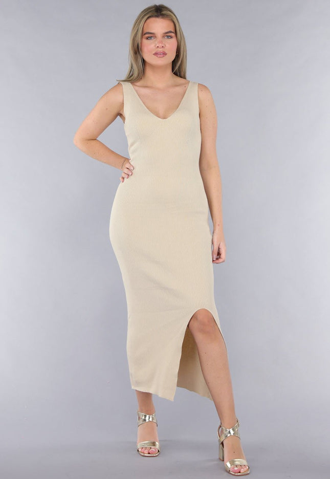 SALE30 Beige Rib V Hals Jurk met Split