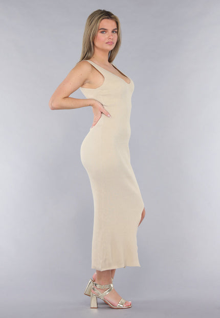 SALE30 Beige Rib V Hals Jurk met Split