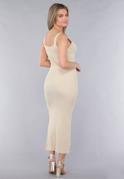 SALE30 Beige Rib V Hals Jurk met Split