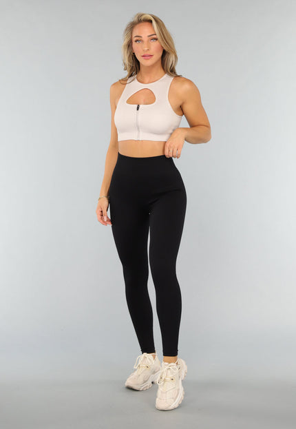 SALE30 Beige Ribstof Sporttop met Uitneembare Pads