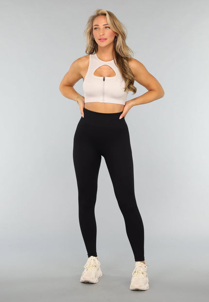 SALE30 Beige Ribstof Sporttop met Uitneembare Pads