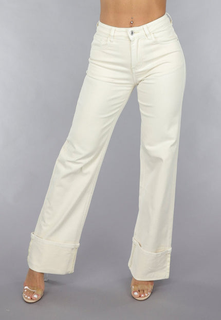 SALE30 Beige Straight Leg Jeans met Omgeslagen Pijpen