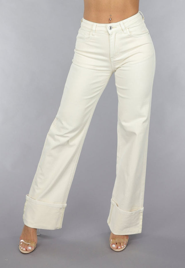 SALE30 Beige Straight Leg Jeans met Omgeslagen Pijpen