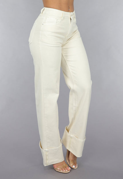 SALE30 Beige Straight Leg Jeans met Omgeslagen Pijpen