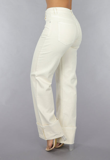SALE30 Beige Straight Leg Jeans met Omgeslagen Pijpen