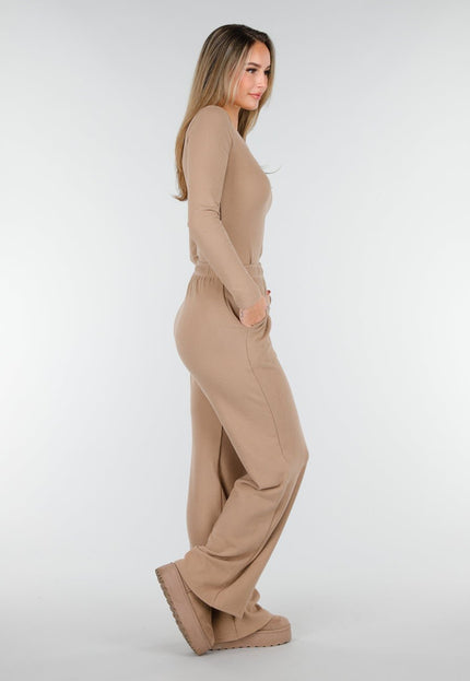 SALE30 Beige Stretch Fleece Top met Ronde Hals