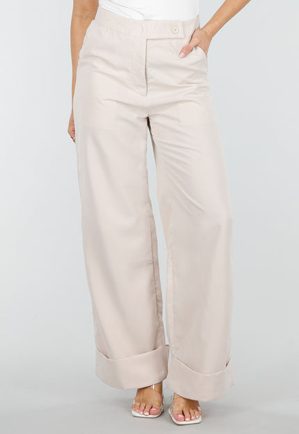 SALE30 Beige Wide Leg Pantalon met Omslag