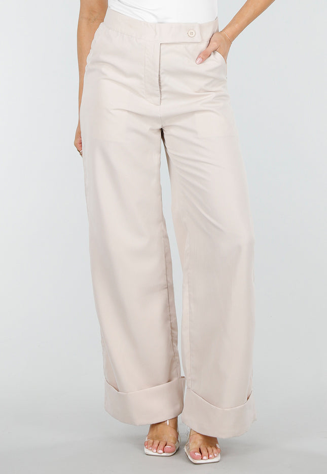 SALE30 Beige Wide Leg Pantalon met Omslag
