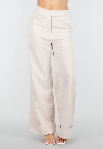 SALE30 Beige Wide Leg Pantalon met Omslag