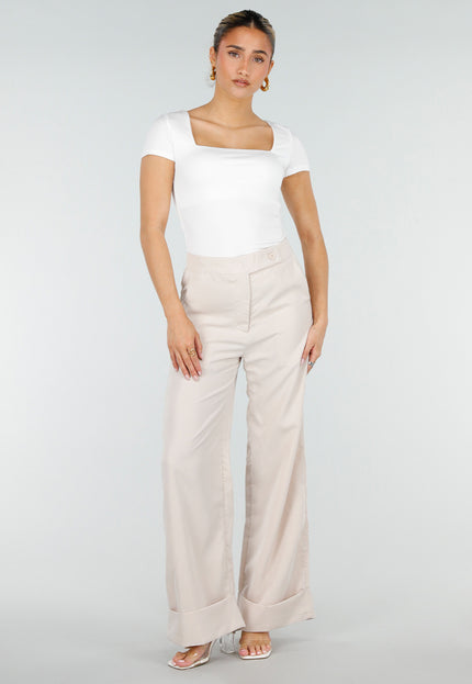 SALE30 Beige Wide Leg Pantalon met Omslag