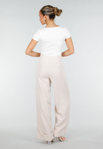 SALE30 Beige Wide Leg Pantalon met Omslag