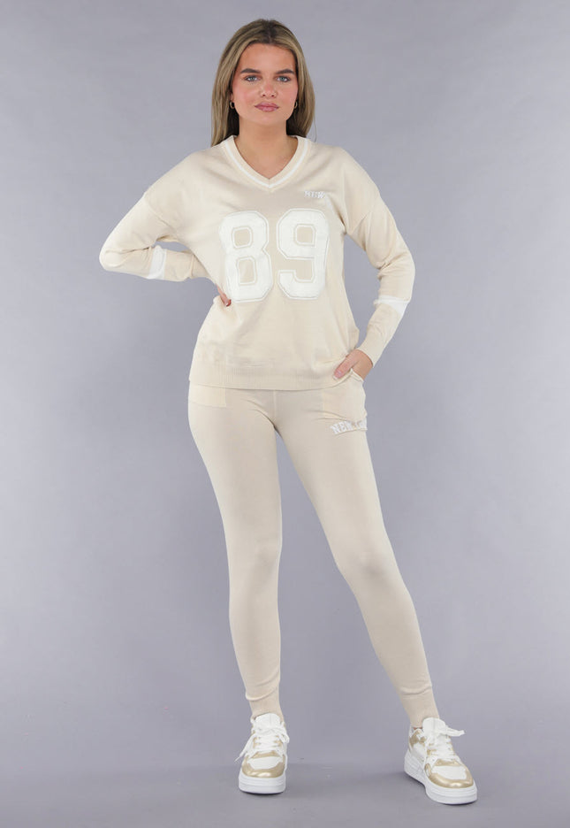 SALE30 Beige Zachte Matching Stretch Set met Teddy Borduursel
