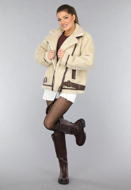 SALE30 Beige Zachte Tussenjas met Bruine Details