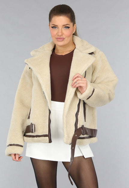 SALE30 Beige Zachte Tussenjas met Bruine Details