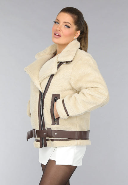 SALE30 Beige Zachte Tussenjas met Bruine Details