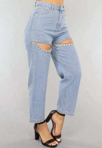 SALE30 Blauwe Denim Straight Leg Jeans met Strass Steentjes