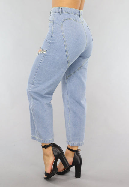 SALE30 Blauwe Denim Straight Leg Jeans met Strass Steentjes
