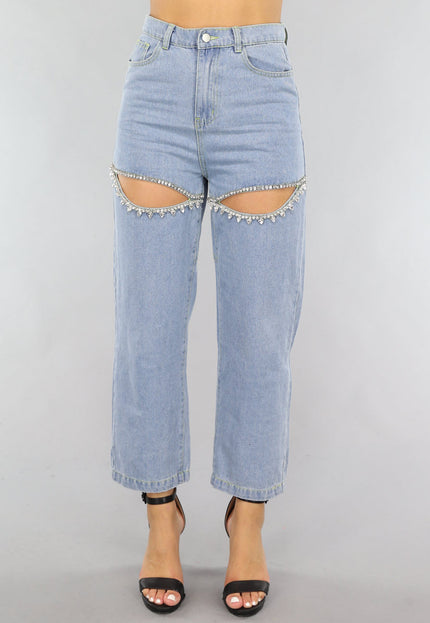 SALE30 Blauwe Denim Straight Leg Jeans met Strass Steentjes