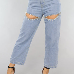 SALE30 Blauwe Denim Straight Leg Jeans met Strass Steentjes