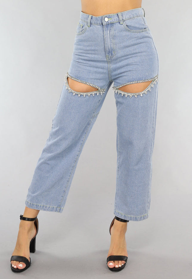 SALE30 Blauwe Denim Straight Leg Jeans met Strass Steentjes