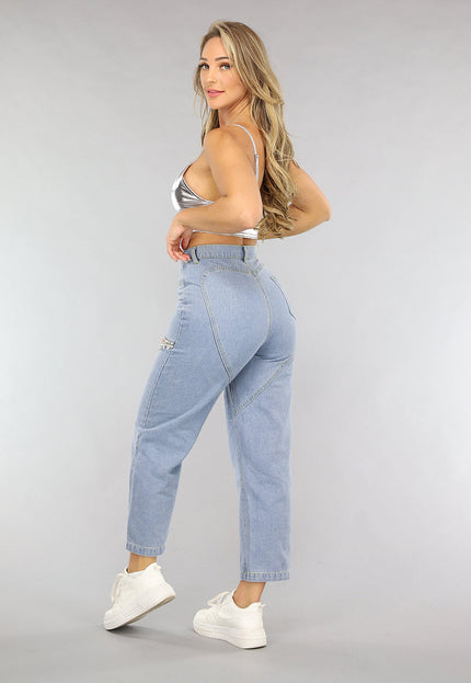 SALE30 Blauwe Denim Straight Leg Jeans met Strass Steentjes