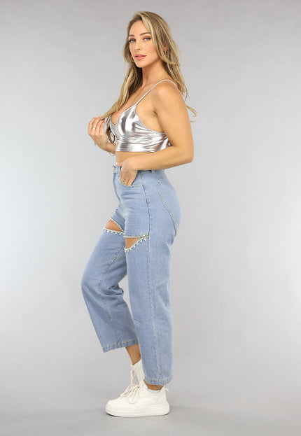 SALE30 Blauwe Denim Straight Leg Jeans met Strass Steentjes