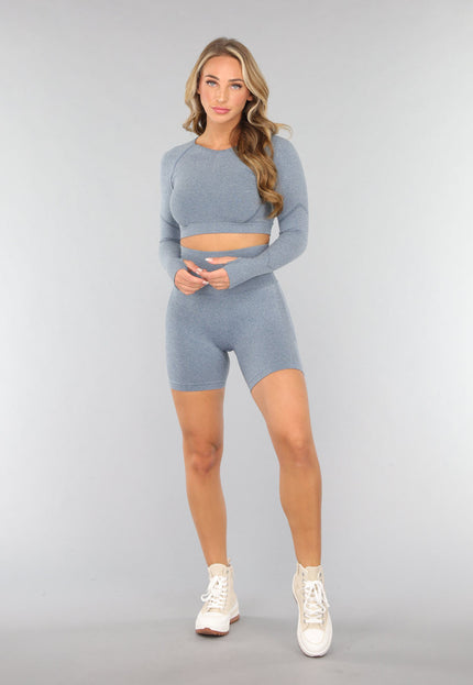 SALE30 Blauwe Korte Sporttop met Lange Mouwen