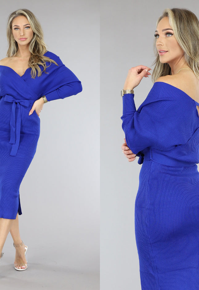 SALE30 Blauwe Off-Shoulder Rib Jurk